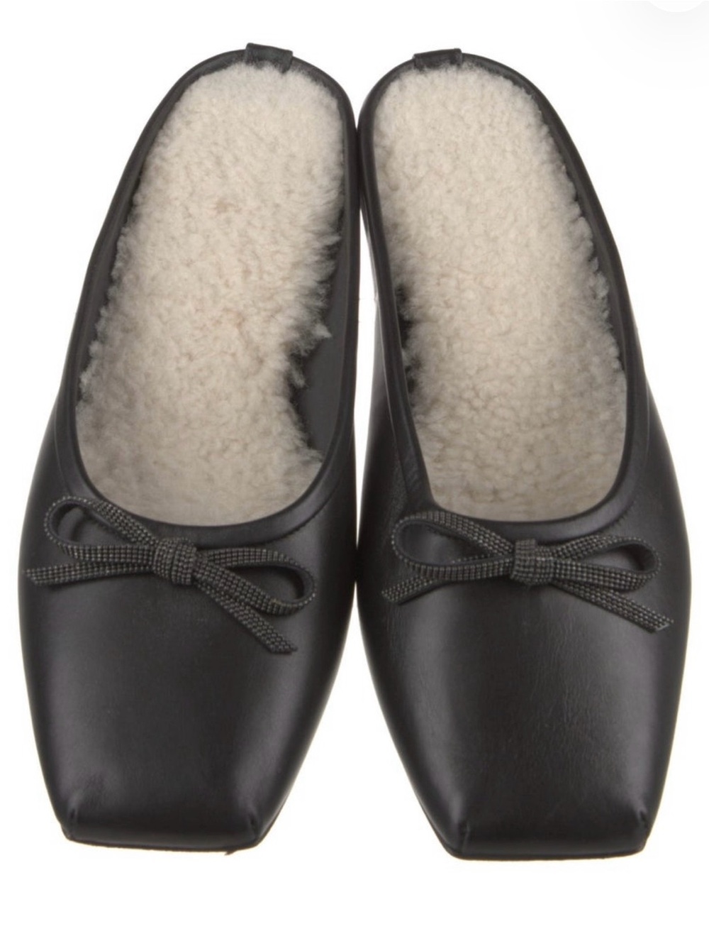 Brunello Cucinelli Black Leather Shearling-Lined Slip-On Ballerinas